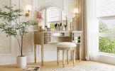 GO 43" Dressing Table Set with Mirrored Drawers and Stool, Tri-fold Mirror, Makeup Vanity Set for Bedroom, Gold